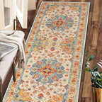 COMSLE Boho Runner Rug, 2' x 6' Washable Area Rugs for Hallway Faux Wool Small Distressed Indoor Door Mat Non-Slip Laundry Room Kitchen Carpet for Entryway Bedroom