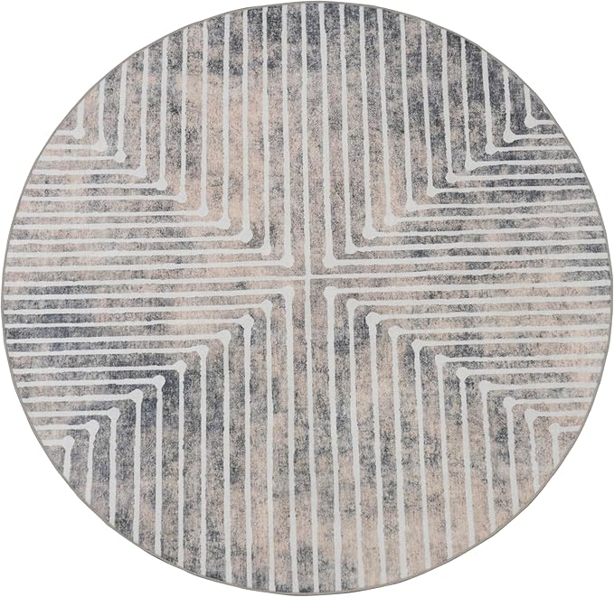 GLN Rugs Contemporary Collection - Machine Washable Area Rug, Contemporary Washable, Non Slip, Low Pile Chenille Rug, Living Room, Bedroom, Kitchen Rug (5'3" Round Lines Cream)