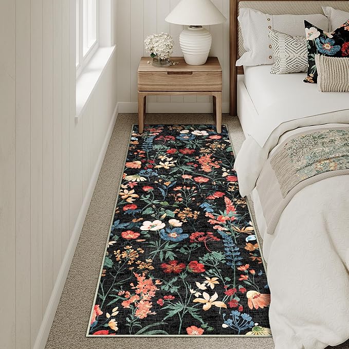 Floral Runner Rug 2x7 Washable Hallway Long Black Bedroom Carpet Non Slip Indoor Boho Kitchen Low Pile Accent Rug Lightweight Soft for Bathroom Dining Laundry Living Room