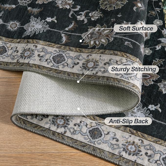 Tangsoo Vintage Floral Black 2x3 Washable Rugs for Entryway, Small Area Non-Slip Vintage Rug for Front Door, Brown Accent Rug Doormat, Soft Low Pile Rugs for Indoor Entrance Kitchen