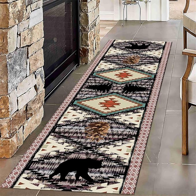 Wild Animal Runner, 4x12 ft Boho Southwestern Hallway Rug, Bear Pine Cone Long Runner, Comfortable Breathable Vintage for Kitchen Dining Room Office