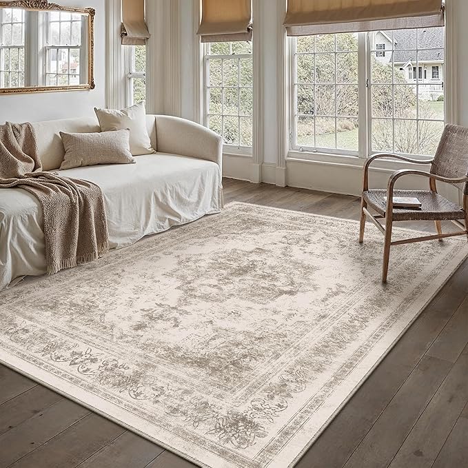 Area Rug 4x6 Beige Washable Office Entryway Vintage Medallion Carpet Non Slip Retro Indoor Mat Low Pile Soft Distressed Small Rug for Bedroom Kitchen Laundry Dining Room