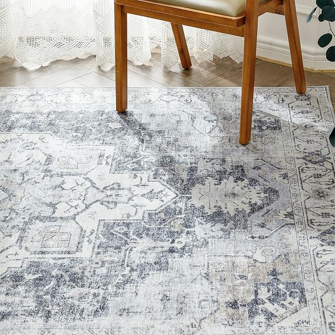 jinchan Kelda Runner Rug 2x5 Hallway Rug Kitchen Washable Runner Vintage Mat Retro Print Lightweight Non-Slip Accent Floor Cover Distressed Thin Carpet for Entryway Bathroom Bedroom Laundry Room Grey