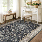 Washable 4x8 Hallway Runner Rug, Black Vintage 8ft Soft Runners for Entry Kitchen Non Slip Low Pile Thin Carpet for Living Room Bedroom Foyer