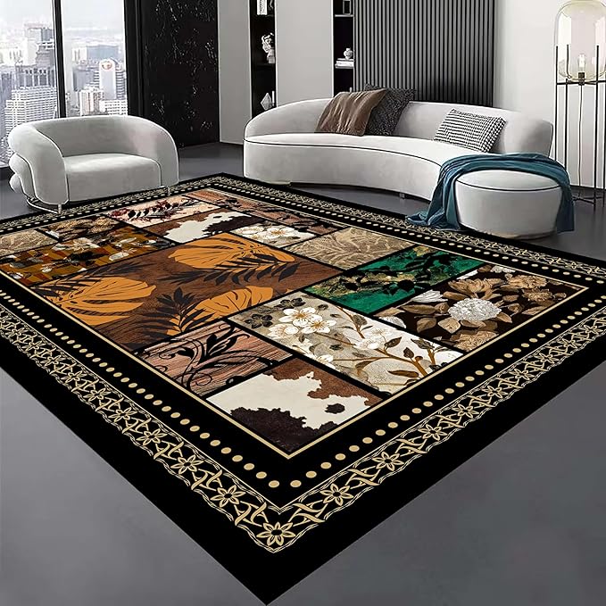Floral Tropical Patchwork Area Rug 2x3ft, Vintage Black & Brown Country Carpet, Low Pile Non-Slip Mat for Cozy Bedroom, Dining Room, Farmhouse Decor