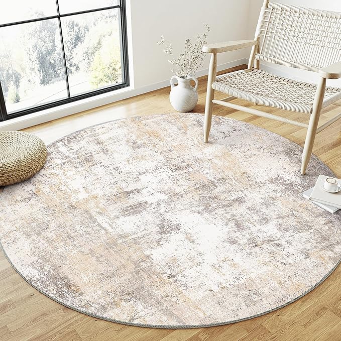 4x4 Washable Round Rug Beige Grey Abstract Entryway Area Rug Neutral Modern Non Slip Soft Low Pile Carpet for Bathroom Kitchen Living Room Bedroom Entrance