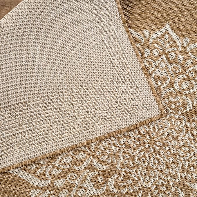 CAMILSON Outdoor Rug 6x9 Medallion Natural Modern Area Rugs for Indoor and Outdoor Patios Kitchen and Hallway Mats Washable Porch Deck Outside Carpet (Medallion Natural 6 x 9)