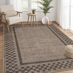 GarveeHome 4x6 Rug Small Washable Living Room Rug Modern Bordered Area Rugs with Rubber Backing Soft Non Slip Low Pile Dining Room Throw Carpet Checkered Geometric Mats for Bedroom Kitchen, Brown