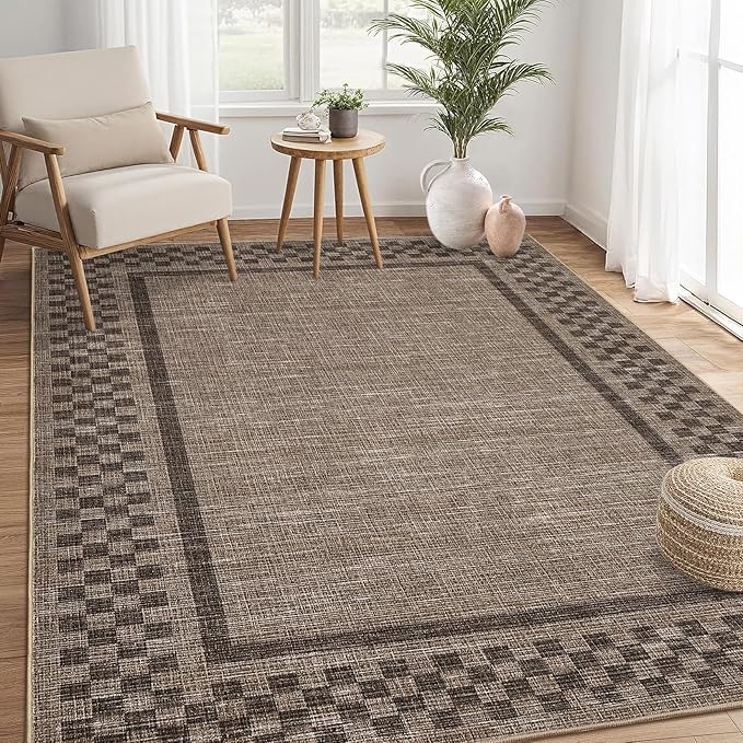 Small Bedroom Area Rug 3x5 Checkered Area Rug for Living Room Nursery Non Slip Kitchen Throw Carpet Low Pile Modern Bordered Rugs Washable Bathroom Mat Soft Brown Rugs for Laundry Entryway, Brown