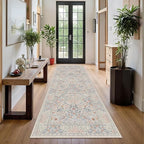 2x6 Floral Washable Area Rugs for Living Room, Vintage Boho Large Rug for Bedroom Dining Room， Distressed Botanical Birds Non Slip Low Pile Forest Animal Throw Carpet for Farmhouse Office, Beige Blue