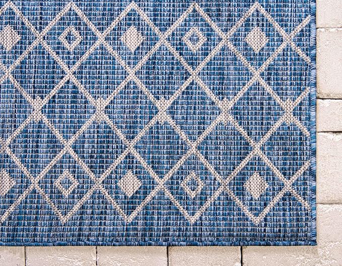 Unique Loom Outdoor Trellis Collection Area Rug - Tribal Trellis (2' x 6' 1" Runner, Blue/ Ivory)