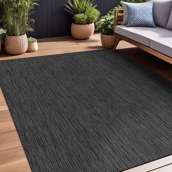 Beverly Rug Indoor Outdoor Rug 10x14, Washable Outside Carpet for Patio, Deck, Porch, Solid Modern Area Rug, Water Resistant, Dark Gray