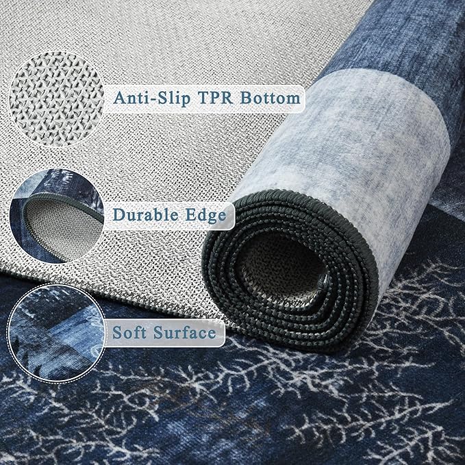 Tepook Modern Area Rug for Living Room, 8x10 Geometric Large Rugs for Bedroom, Washable Patchwork Rug Indoor Non-Slip Throw Carpets for Dining Room Office Farmhouse Home Decor, Blue