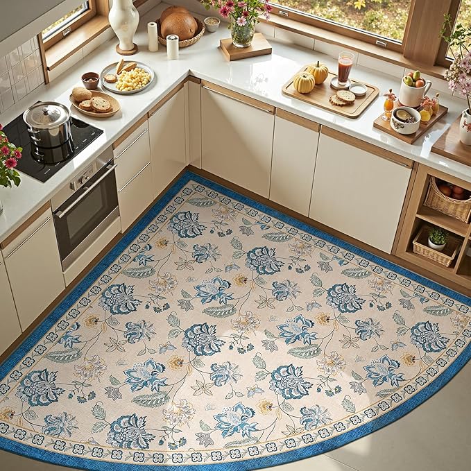 jinchan Elora Floral Corner Rug for Living Room Washable Bedroom Rug Vintage Romance Design Non Slip Quarter Circle Lightweight Low-Pile Throw Carpet for Reading Nook Playroom, 6ft Radius, Blue/Beige