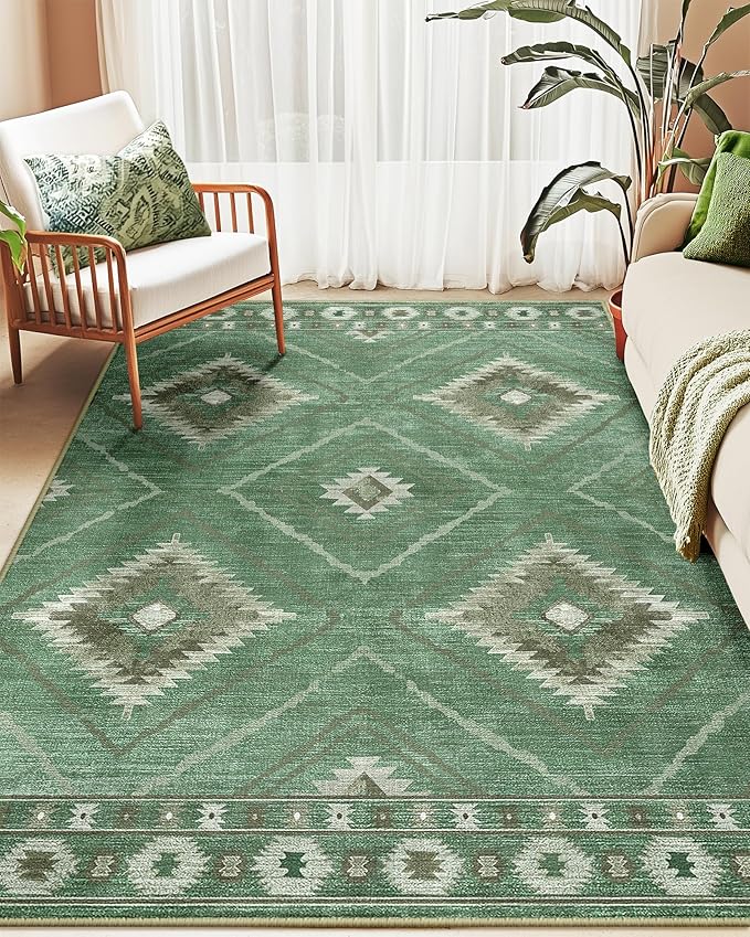 Area Rug 5x7 Rug Machine Washable Rug Non-Slip Low Pile Print Pattern Western Rug for Living Room Bedroom Entryway Tribal Series -Sage