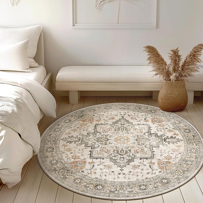 GENIMO 5FT Round Area Rugs for Living Room, Circle Rugs Machine Washable Low Pile, Chenille Non Slip Vintage Rug for Bedroom, Dining Room, Home Office, Light Taupe Brown