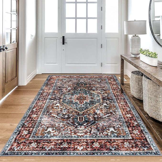 KOZYFLY Boho Area Rug 5x7 Ft Thin Rugs for Living Room Washable Bedroom Rug Non Slip Rugs Printed Faux Wool Vintage Bedroom Rug Floor Carpet for Dining Room Living Room, Brick Red/Orange/Green