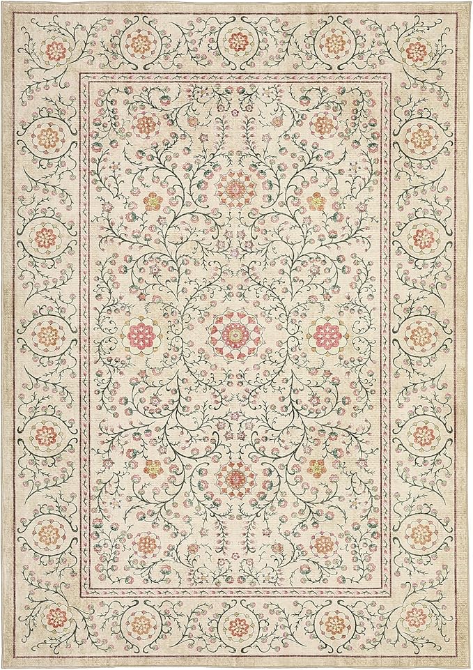 GarveeHome Boho 6x9 Area Rug for Living Room, Floral Vintage Rugs for Bedroom with Soft Low Pile, Non Slip Stain Resistant Botanical Washable Rug 6x9 for Dining Room Camel Carpet for Dorm Office