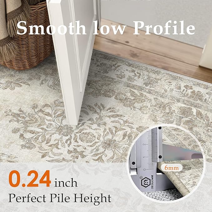 4x5 Area Rug Beige Washable Office Vintage Distressed Carpet Bedroom Indoor Neutral Medallion Floral Living Room Non Slip Retro Throw Floor Mat for Dining Room Kitchen Bathroom