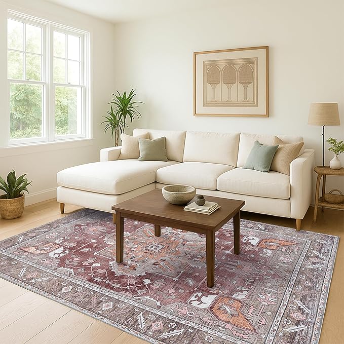 Washable Area Rug. Modern Farmhouse. Vintage. Turkish. Bohemian. Distressed. Oriental. Traditional. Rugs for Living Room. Dining. Bedroom. Office. Entryway. Foyer. (857RB, 5'9 x 8'9)