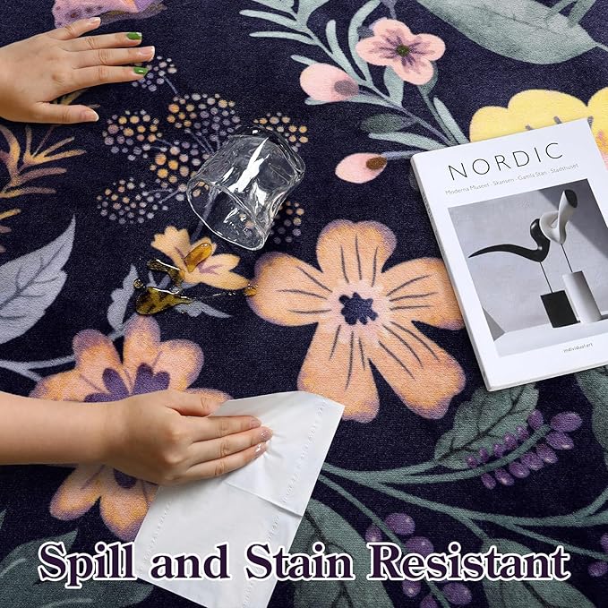Lahome Floral Washable Rugs for Bedroom, 4X6 Area Rug Ultra-Thin Soft Living Room Rug, Non-Slip Classroom Rug Stain Resistant Lightweight Boho Low-Pile Throw Carpet for ‎Office (4x6ft,Purple)