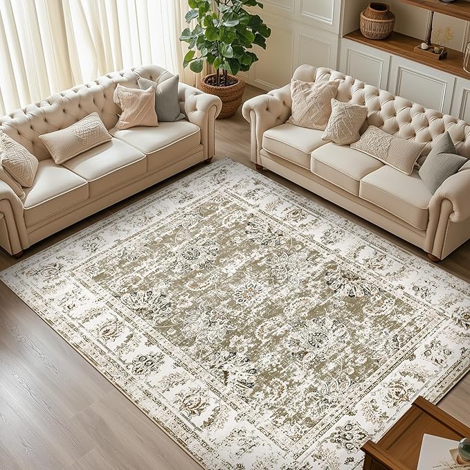 jinchan Fiora 8x10 Area Rugs for Living Room - Machine Washable Vintage Floral Distressed Design Stain Resistant Boho Carpet Low Pile Non-Slip Rug for Bedroom Dining Room Home Office (8‘x10', Taupe)