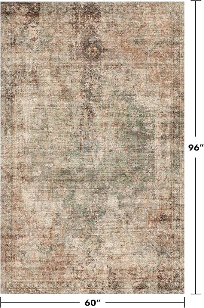Low Pile Office Rugs for Rolling Chairs - 5x8 Modern Abstract Dark Rugs for Living Room, Large Entryway, Brown and Green with Burnt Orange Accent, Non Slip with Rubber Backed & Stain Resistant