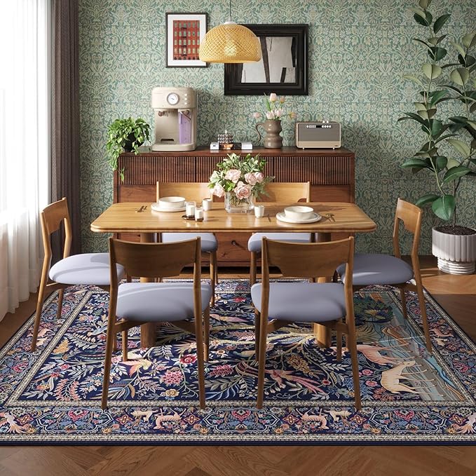 Rugcomf Area Rugs 5x7 Vibrant Tree of Life-Patterned Vintage Washable Area Rug Non Slip Low Pile Large Rugs for Living Room Bedroom Farmhouse Dining Room Kids Playroom, Blue