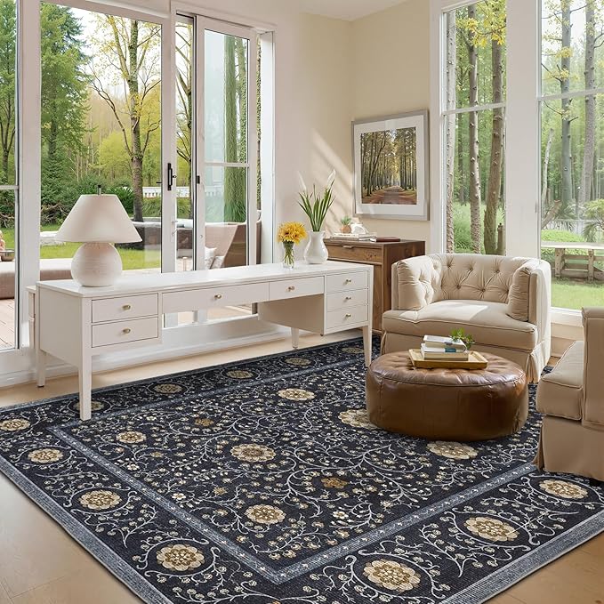 GarveeHome Boho 6x9 Area Rug for Living Room, Floral Vintage Rugs for Bedroom with Soft Low Pile, Non Slip Stain Resistant Botanical Washable Rug 6x9 for Dining Room Blue Carpet for Dorm Office