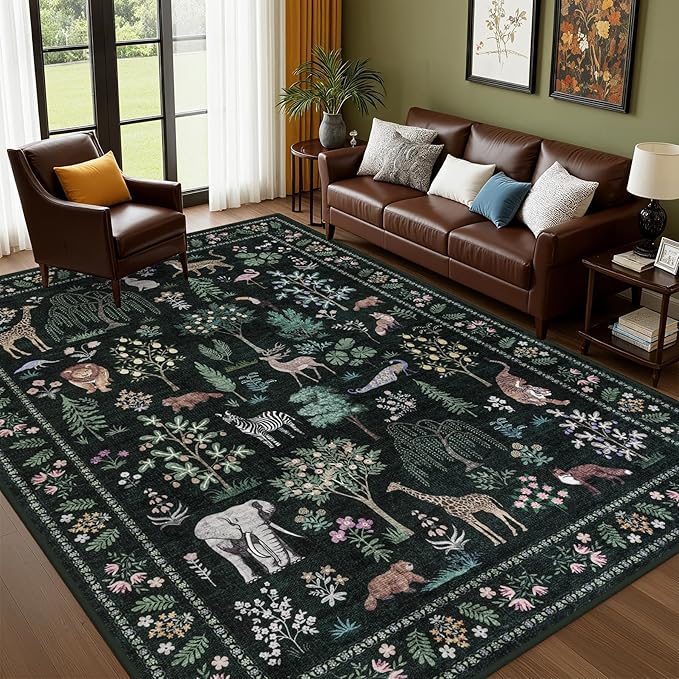 9x12 Area Rugs Living Room Rug: Vintage Washable Rug Floral Soft Carpet Indoor Floor Non-Slip Boho Stain Resistant Large Carpets for Bedroom Kids Nursery Dining Room Farmhouse Home Office Green