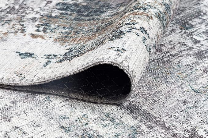 GLN Rugs Contemporary Collection - Machine Washable Area Rug, Contemporary Washable, Non Slip, Low Pile Chenille Rug, Living Room, Bedroom, Kitchen Rug (5' x 7' Grey/Green)
