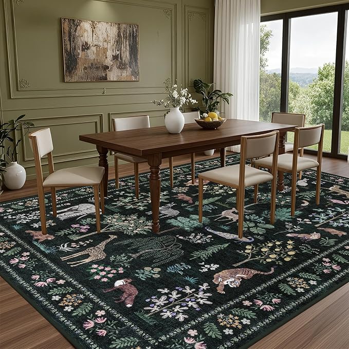 5x7 Area Rugs Living Room Rug: Vintage Washable Rug Floral Soft Carpet Indoor Floor Non-Slip Boho Stain Resistant Large Carpets for Bedroom Kids Nursery Dining Room Farmhouse Home Office Green