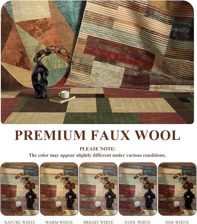 YIHOUSE Brown Area Rug 3x5, Farmhouse Rugs Washable,Vintage Burgundy Carpets for Bedroom,Burnt Orange Area Rug Non Slip,Geometric Boho Rug for Kitchen,Dining Room