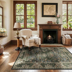 3x5 Floral Washable Area Rug for Living Room, Vintage Boho Rugs for Bedroom Dining Room, Botanical Birds Non Slip Low Pile Forest Throw Carpet for Farmhouse Office, Retro Gold/Green