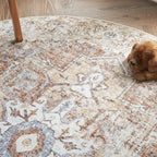 jinchan Kelda Round Rug 4ft Washable Area Rug Indoor Vintage Floor Cover Distressed Circle Mat 4' Round Lightweight Non Slip Low Pile Thin Carpet for Entryway Kitchen Living Room Bedroom Brick Red