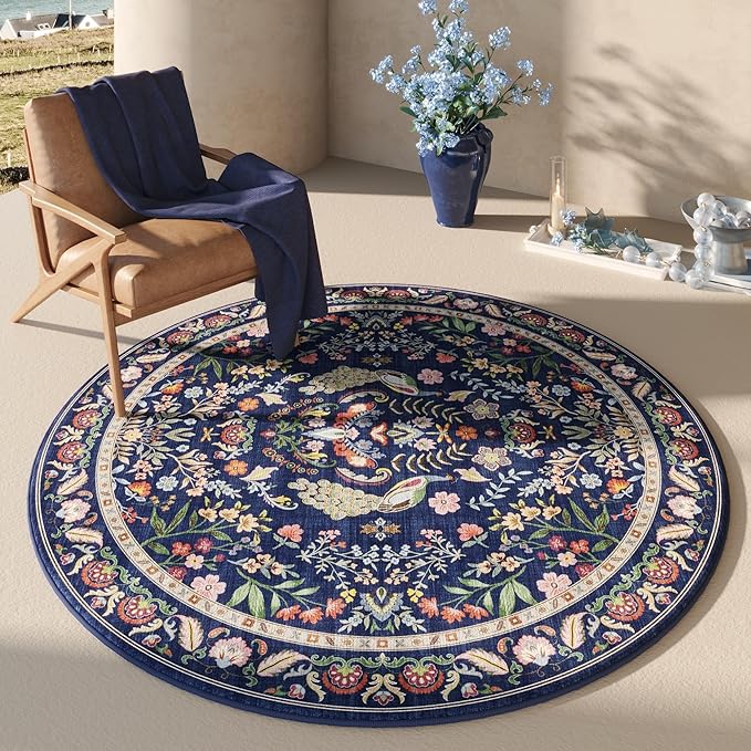 Rugcomf Round Rug 6ft Washable Circle Rug Floral Non Slip Low Pile Small Circular Rug for Bedroom, Bathroom, Entryway, Kids Room, Office(Blue)