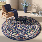 Rugcomf Round Rug 4ft Washable Circle Rug Floral Non Slip Low Pile Small Circular Rug for Bedroom, Bathroom, Entryway, Kids Room, Office(Blue)