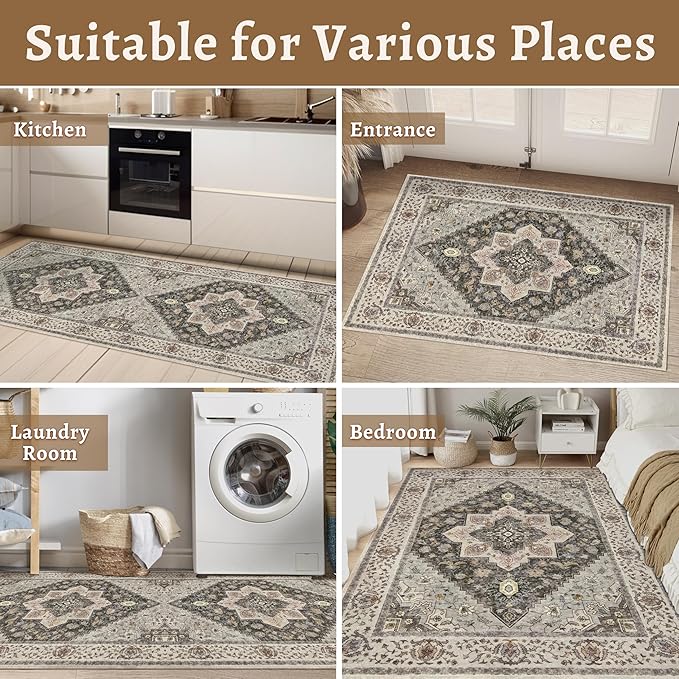 Tangsoo 2.6x8 Washable Runner Rug for Hallways, Non Slip Vintage, Soft Low Pile Long Runner, Print Distressed Grey Carpet Runners for Kitchen Bedroom Entryway Bathroom Living Room