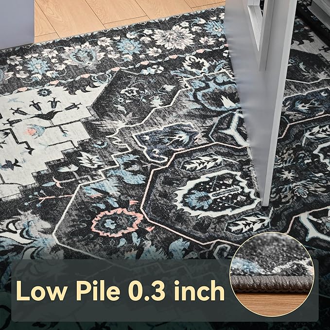 YJ.GWL Area Rugs for Living Room 4x6 Machine Washable Rugs for Bedroom, Non Slip Floral Vintage Rug Indoor Carpet, Stain Resistant Throw Rug for Dining Room Kitchen, Black Grey Blue