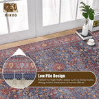 Washable Area Rug 9' x 12' Vintage Traditional Persian Mat - Foldable Distressed Non-Slip Machine Washable Carpet for Living Room Bedroom Kitchen Home Decor - Indigo and Crimson