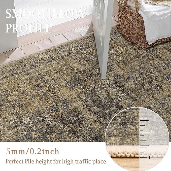 5x7 Brown Black Area Rug for Living Room Washable Vintage Distressed Carpet Bedroom Low Pile Non Slip Indoor Soft Retro Throw Accent Rug Office Kitchen Bathroom Dining Room