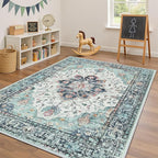 Area Rugs 4'x6' Washable Non-Slip, Floral Vintage Distress Print Pattern Medallion Carpet for Living Room Bedroom Dining Room, Green Navy Blue White Red Teal Colorful