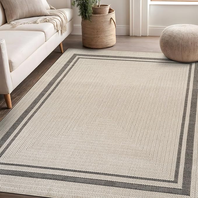 Beverly Rug Easy Jute Bordered Rug 9x12 Washable Large Indoor Outdoor Area Rugs for Living Dining Room Patio Office Stain Resistant Non Shedding Casual Indoor Outside Carpet 9 x 12 Off-White