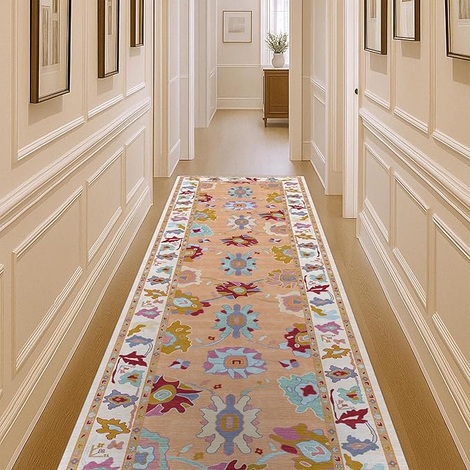 Fame Living Orange Oushak Runner Rug, Modern Runners, Turkish, Eclectic, Floral, Pastel, Washable, Small Throw Rugs, Short Runner for Hallway, Entryway, Laundry, Bedroom, Kitchen, Bathroom, 2'5"x6'5"