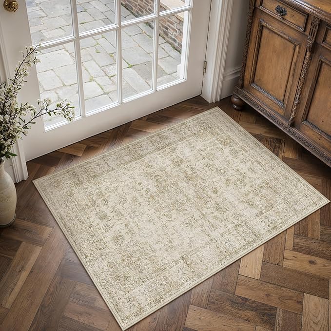 HUGEAR 2x3 Entryway Area Rug Retro Beige Small Rug Machine Washable Door Mat Vintage Floral Low Pile Carpet Distressed Throw Rug Entrance Kitchen Bathroom Bedroom Office Non Slip Soft Lightweight
