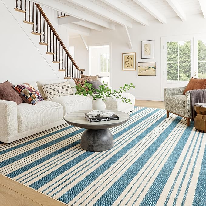 Dash & Albert Talos Blue Machine Washable Rug, 2 X 3 Feet, Blue/Ivory Stripe Pattern
