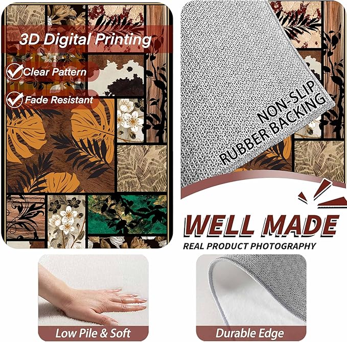 Floral Tropical Patchwork Area Rug 5x7ft, Vintage Black & Brown Country Carpet, Low Pile Non-Slip Mat for Cozy Bedroom, Dining Room, Farmhouse Decor