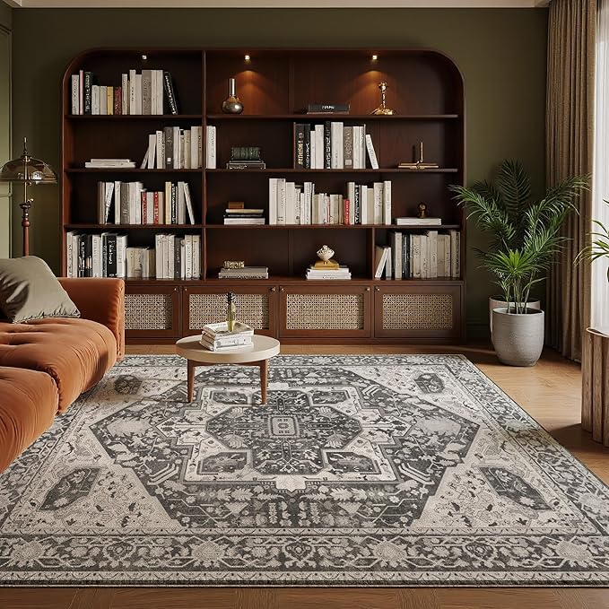 EnHomee 5x7 Area Rugs Washable for Bedroom, Boho Vintage Rugs, Foldable Area Rug for Dining Room, Non-Slip Soft Living Room Rug, Low Pile Large Carpet for Bathroom, Grey