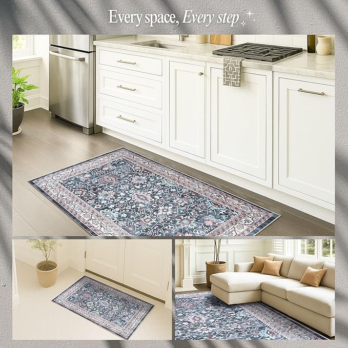 Fame Rugs Turkish Rug. Washable Vintage Oriental Antique Inspired Traditional Doormat Small Modern Area Rugs Luxury Entryway Entry Bedroom Bathroom Kitchen (409CN, 2'5 x 13'1)