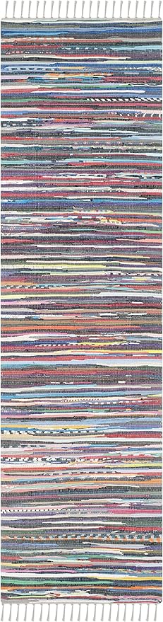 SAFAVIEH Rag Rug Collection Runner Rug - 2'3" x 8', Grey & Multi, Handmade Boho Stripe Cotton, Ideal for High Traffic Areas in Living Room, Bedroom (RAR121M)